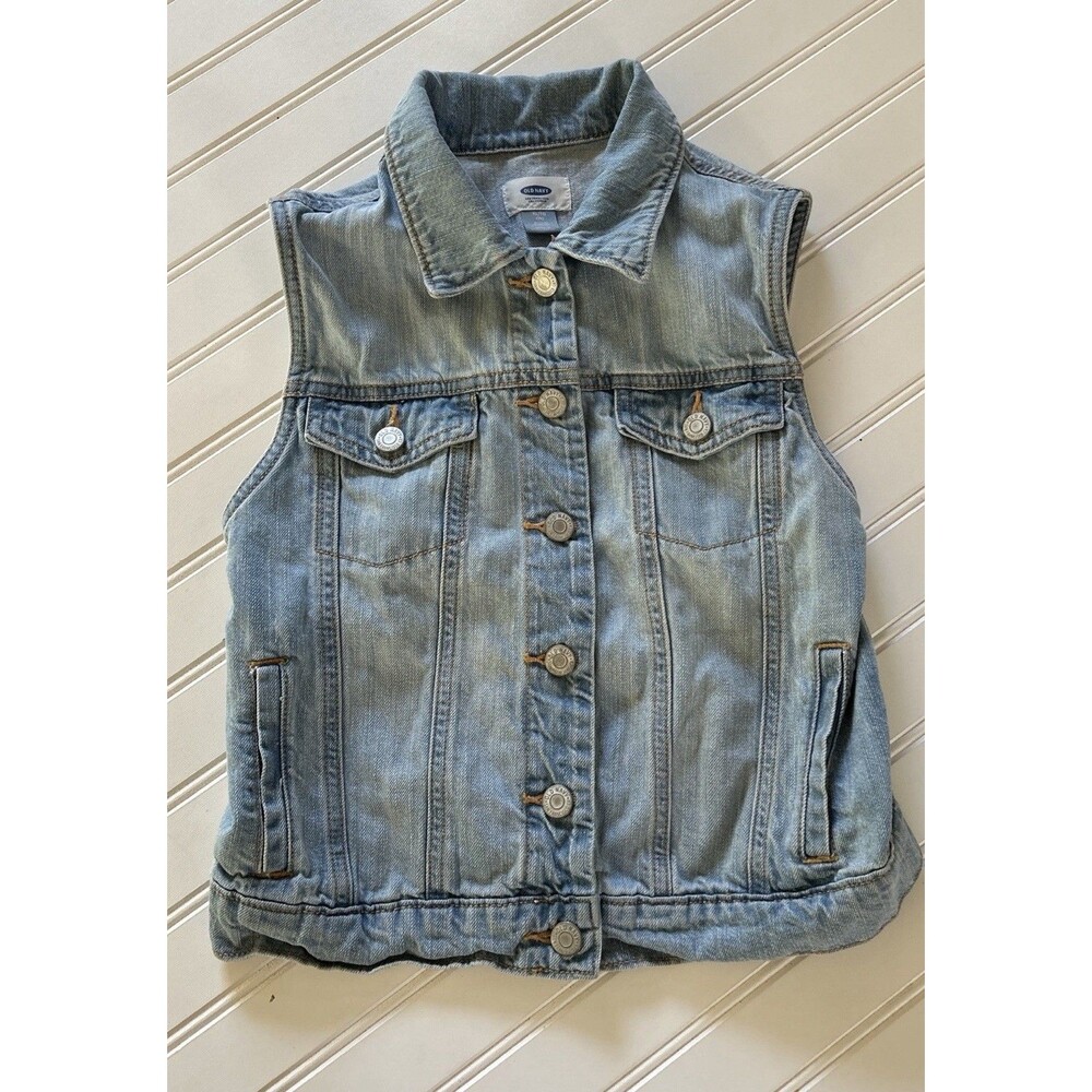 Old Navy Girls XL 14 Light Wash Denim Trucker Vest Jacket Sleeveless 90s Boho - Picture 3 of 12